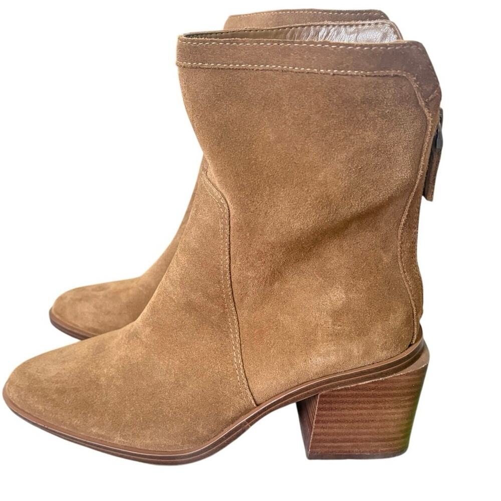 Vince Camuto Cowboy Water-Repellent Suede Mid-Shaft Block Heel Boots 7M Camel